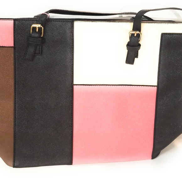 Pink, White, Black, and Brown Color Block Tote Bag - Picture 5 of 5